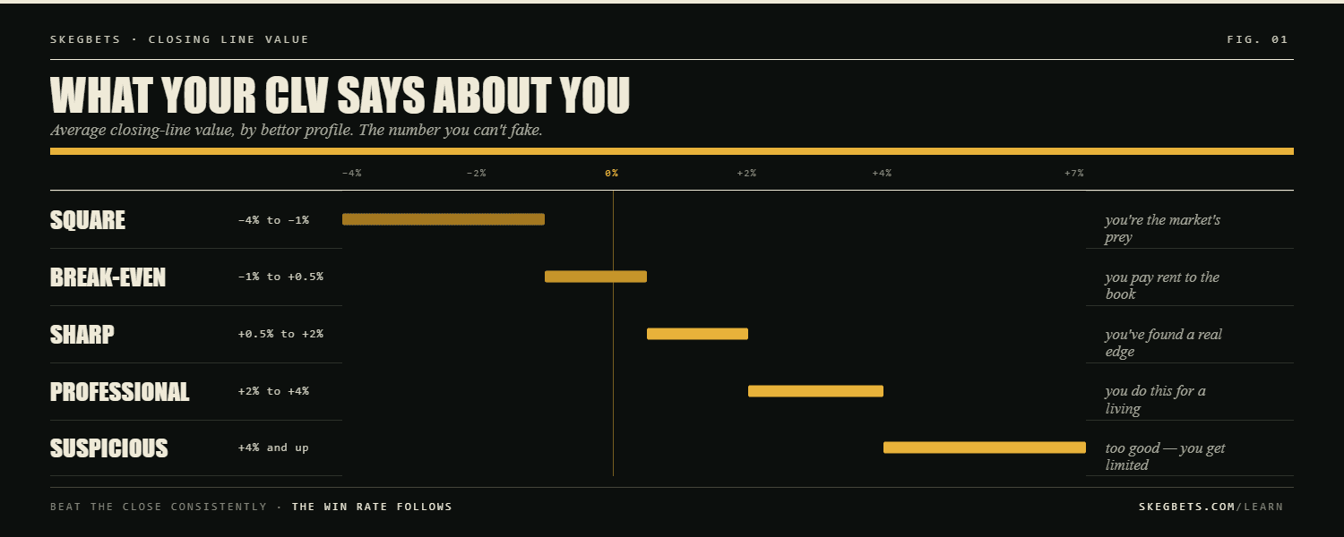SkegBets essay — what your closing line value says about you: square (-4% to -1%), break-even (-1% to +0.5%), sharp (+0.5% to +2%), professional (+2% to +4%), and suspicious (+4% and above) tiers shown as horizontal bands.